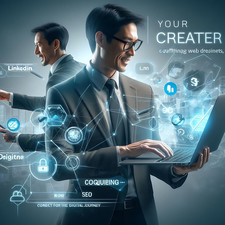 Vector a photo of a business digital marketer using a laptop with digital background