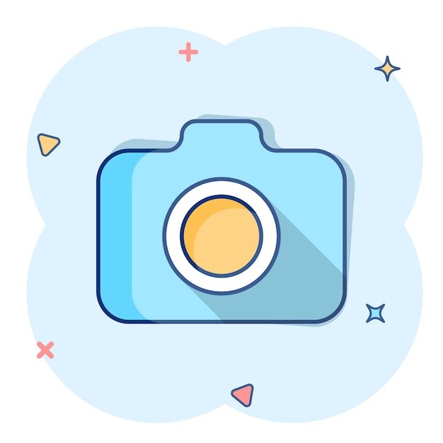 Photo camera icon in comic style Photographer cam equipment vector cartoon illustration pictogram Camera business concept splash effect