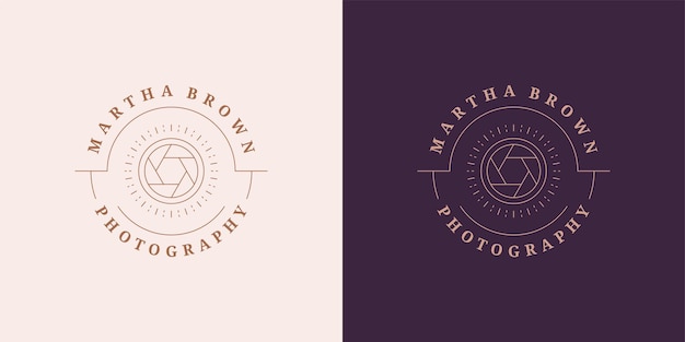 Vector photo camera lens logo emblem design template vector illustration in minimal line art style