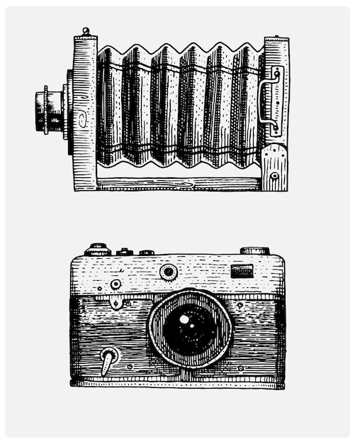 ベクトル スケッチまたはウッドカットスタイルで描かれた写真カメラヴィンテージ刻まれた手描きレトロなレンズ分離ベクトル現実的なイラスト