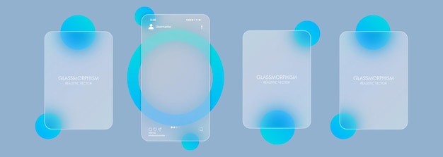 写真カルーセルテンプレート。ソーシャルメディアの概念。 glassmorphismスタイル。ベクトルイラスト。透明なガラス板のセットによるリアルなガラスの形態効果。