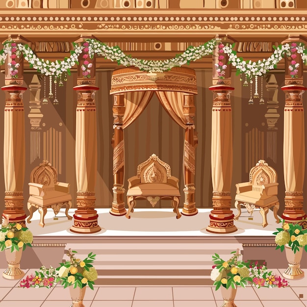 Vector a photo of a church with a stage with flowers and a stage with the words quot the wedding quot on it