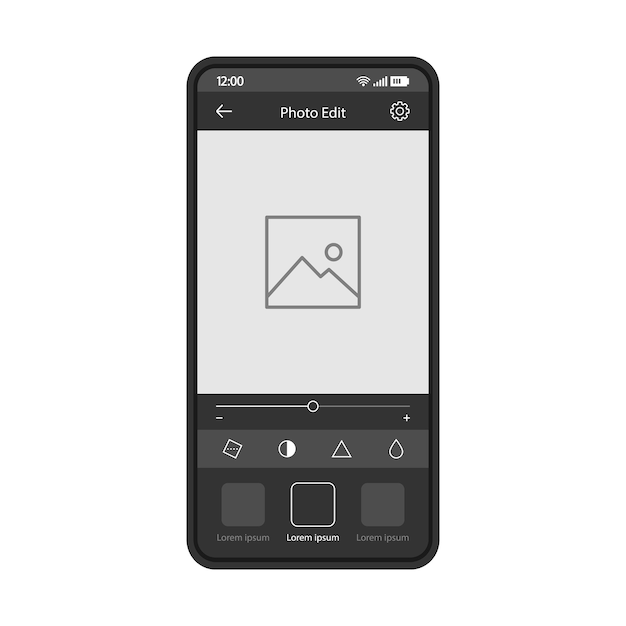 Modello vettoriale dell'app per smartphone di fotoritocco interfaccia dell'applicazione mobile layout di design nero schermo dell'effetto del filtro dell'edizione fotografica interfaccia utente piatta display del telefono con editor di post sui social media