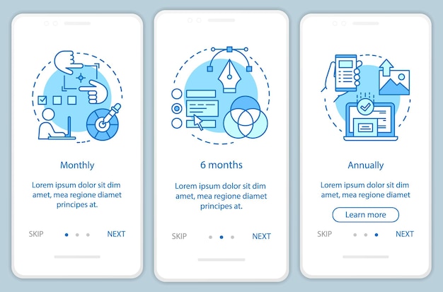 Abbonamento all'editor di foto per l'onboarding della schermata della pagina dell'app mobile con concetti lineari. istruzioni grafiche in tre passaggi. tariffa mensile, annuale. modello vettoriale ux, ui, gui con illustrazioni