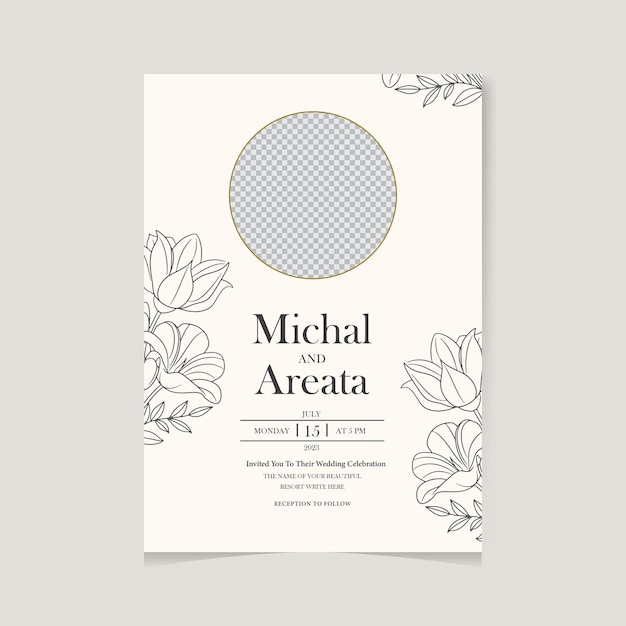 Photo flyer Wedding invitation template with line art flower ornaments