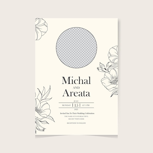 Photo flyer Wedding invitation template with line art flower ornaments