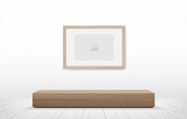 Photo frame and bench in wooden room.