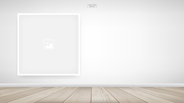 Vector photo frame on white wall background.