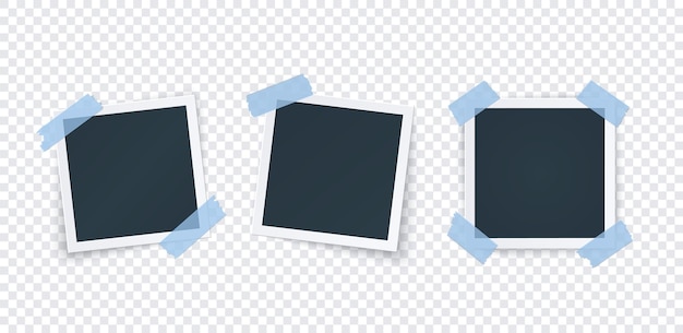 Vector photo frame with adhesive tape blue with different shadows. realistic photobook template.