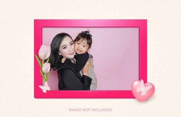 Photo frame with a pink theme there are flowers butterflies and hearts