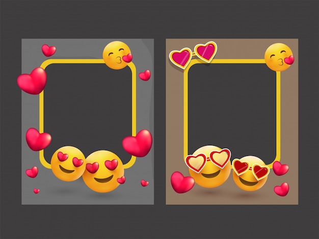 Cornici per foto decorate con diverse emoji e forme di cuore.