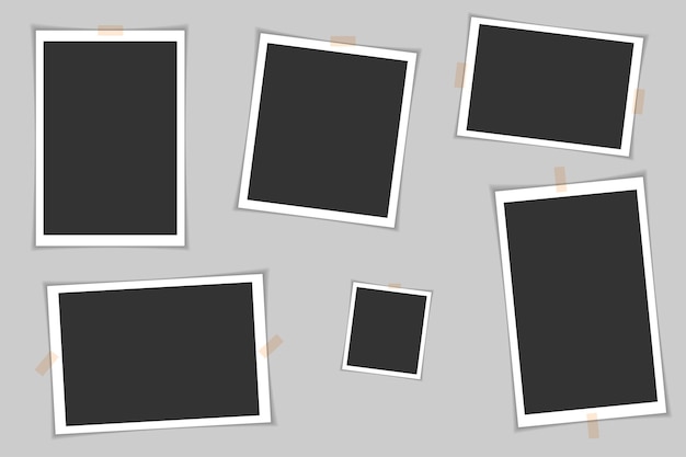 Photo frames with adhesive tape Photo realistic vector makeup of different size on gray background