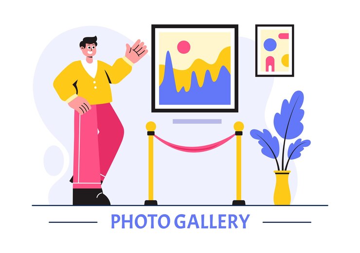 Vector photo gallery vector illustration featuring museum visitors viewing an exhibition of modern abstract paintings and pictures in a contemporary design