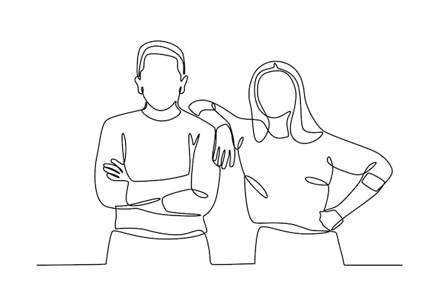 Фотография девушки, обнимающей плечо своего парня. Однолинейный рисунок пары.