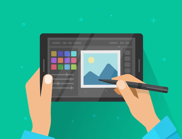 Фото или графический редактор с дизайнерскими руками, работающими над планшетом, иллюстрация плоский мультфильм современный дизайн