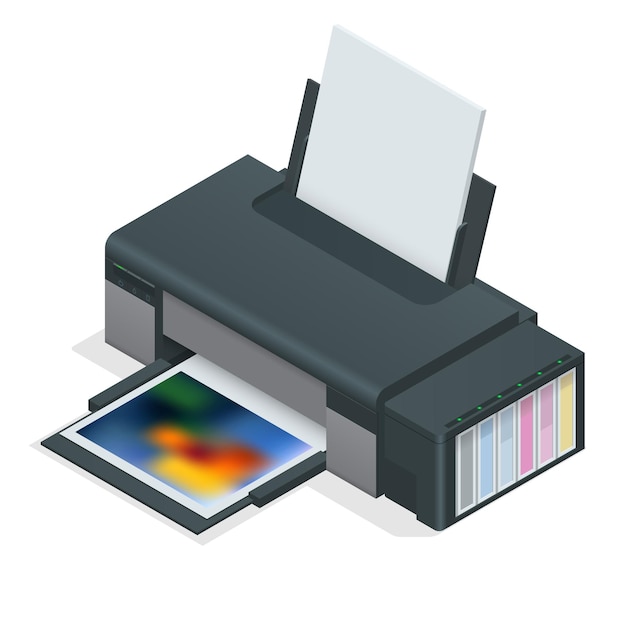 Photo inkjet printer. Color printer prints photo on white isolated background. Four empty refillable cartridges.