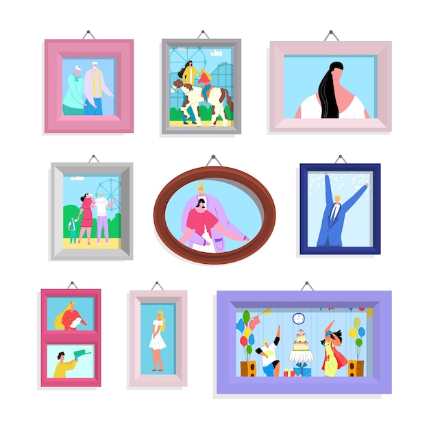 Photo picture in frame set vector illustration family people character portrait at wall happy man