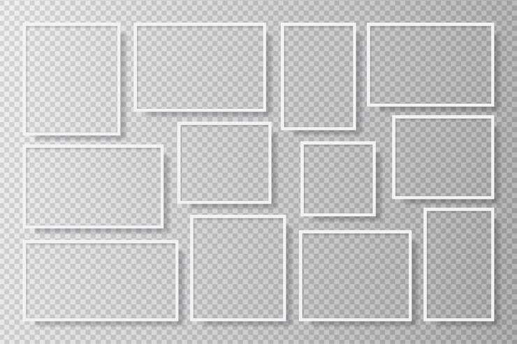 Vector photo realistic white blank picture frame hanging on a wall from the front mockup isolated on tran