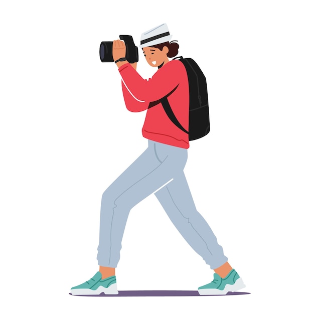 Photo shooting concept. female photographer, journalist, traveler character with photo camera make picture. woman paparazzi, correspondent job, creative hobby or activity. cartoon vector illustration