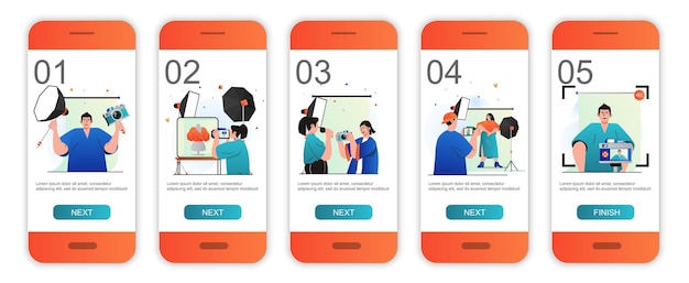 Концепция фотостудии онбординговые экраны для шаблонов мобильных приложений Фотографы проводят фотосессии