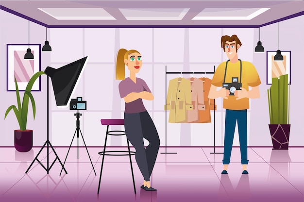 Vector photo studio concept with people scene in the background cartoon style