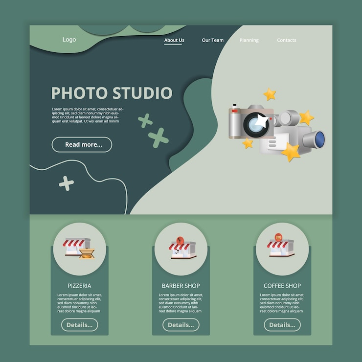 Vector photo studio flat landing page website template pizzeria