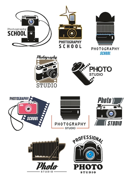 photo studio icon set with camera lens and film