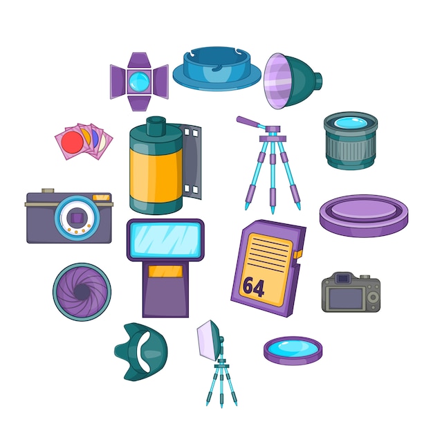 Photo studio icons set, cartoon style