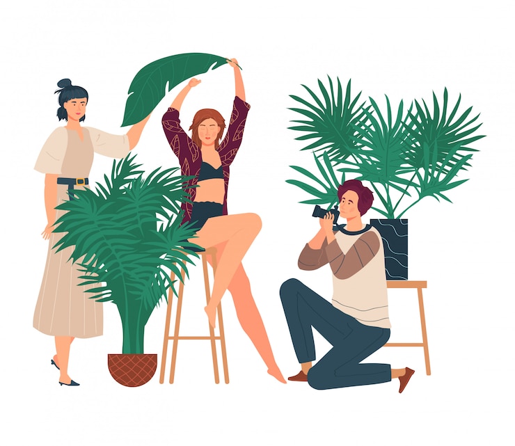 Vector photo studio  illustration, cartoon  man photographer taking picture with beautiful young woman, photosession  on white