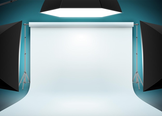 Vector photo studio scene with a white backdrop paper and bright studio lights