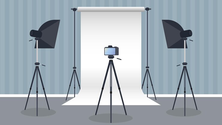 Vector photo studio vector. blank white canvas background on tripods. camera on a tripod, softbox. professional photo studio.