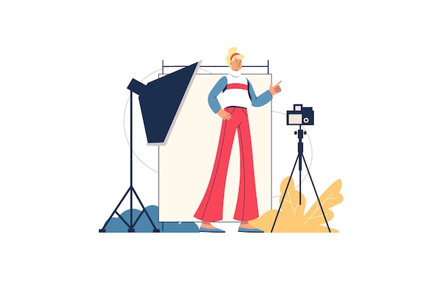 Photo studio web concept. photographer takes photographs in room with special lighting and equipment. model posing at studio, minimal people scene. vector illustration in flat design for website