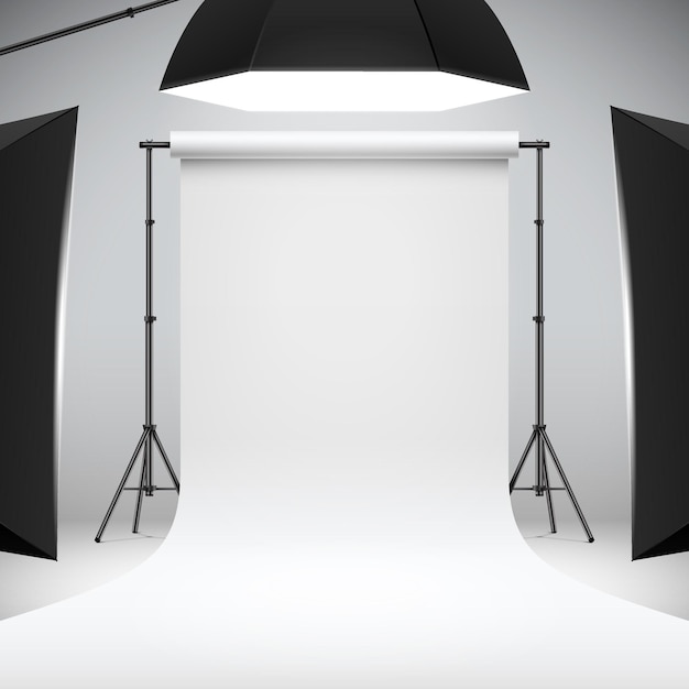 Photo studio white narrow backdrop with soft boxes