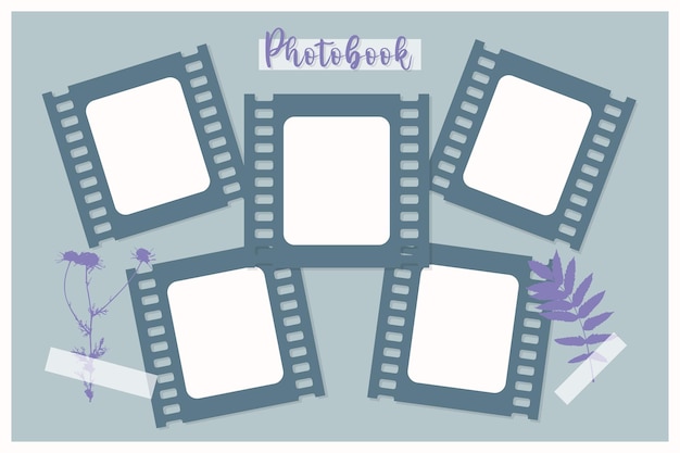 Photobook Frame for collage scrapbooking , film, photo frame, purple camomile leaf flower print.