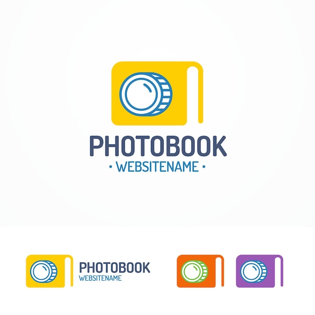 Фотокнига логотип набор с книгой и объективом современный цвет плоский стиль для использования фотостудия, фотошколы, фотообразования и т. д. Векторная иллюстрация