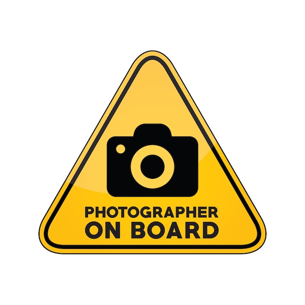 photographer on board yellow car window warning sign