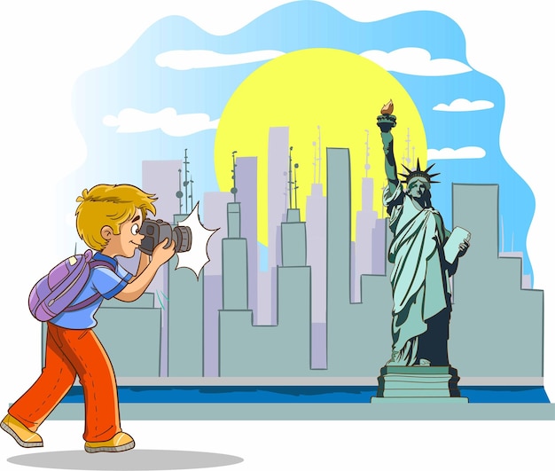 photographer boy takes photo of america statue of liberty tower