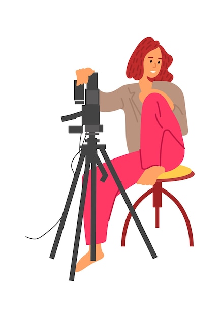 Vector photographer cartoon woman with professional camera on tripod young person sits on chair and takes pictures female character shoots photographs vector happy girl in relaxed pose