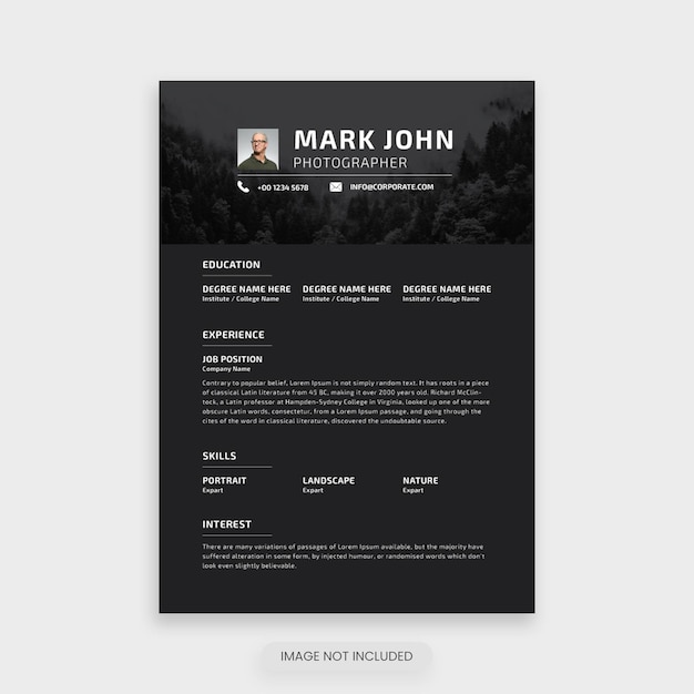 Vector photographer cv resume template