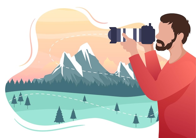 Fotografo design piatto con fotocamera professionale per fotografare la montagna e la natura del paesaggio in un'illustrazione vettoriale di stile del fumetto