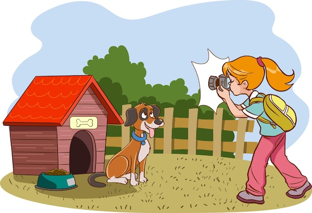 photographer girl takes photo of dog cartoon vector