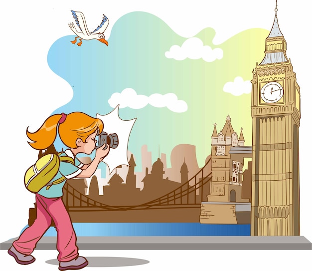 Premium Vector | Photographer girl takes photo of london clock tower