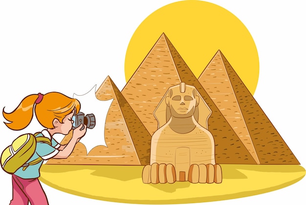 사진 작가 소녀는 이집트 피라미드의 사진을 찍는다
