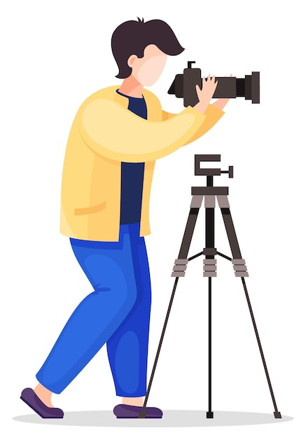 Photographer is taking picture Photographer character web icon with camera and professional tripod