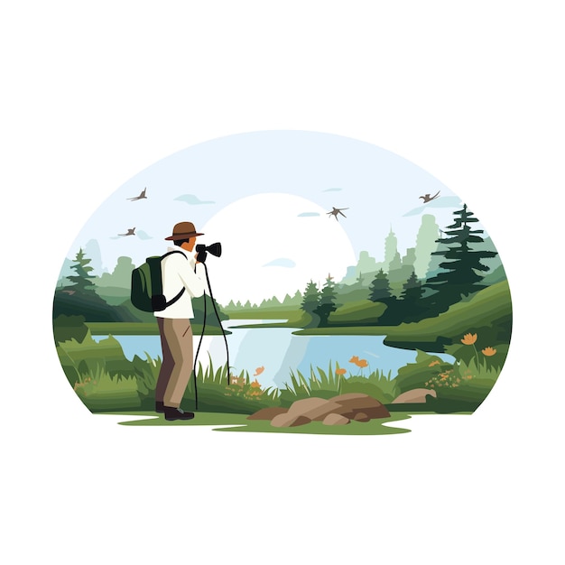 Vector photographer in a nature scene graphic icon white background