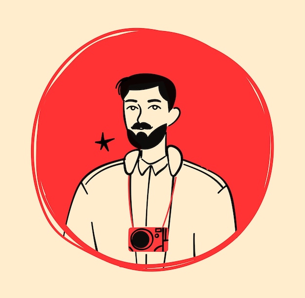 Vector photographer portrait of a bearded man with a camera