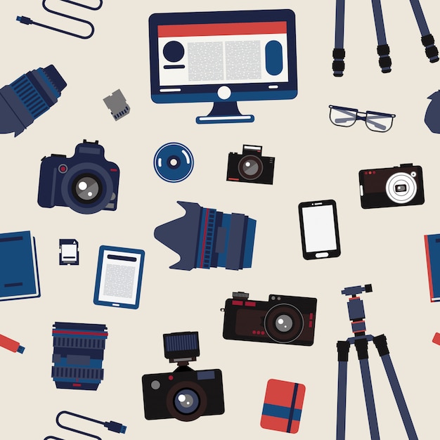 Vector photographer set seamless pattern - cameras, lenses and photo equipment