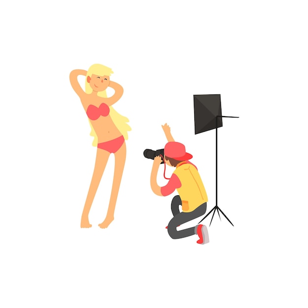 Photographer Shooting A Model Childish Style Flat Vector Drawing On White Background