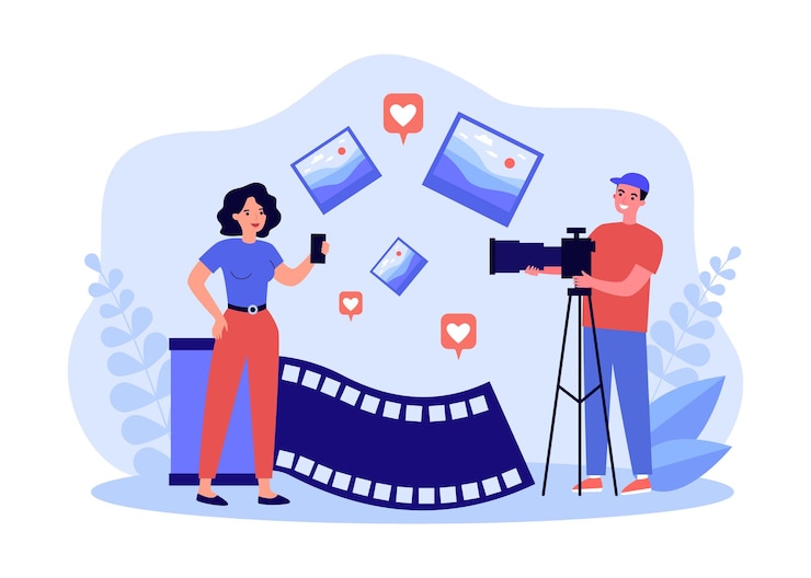 Vector photographer shooting photo content for social media. girl model posing for man with camera on tripod flat vector illustration. photo session concept for banner, website design or landing web page