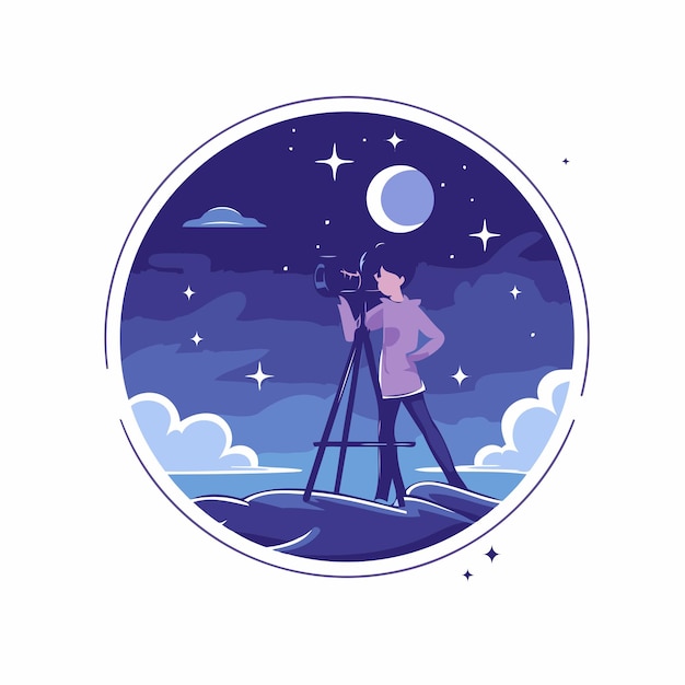 Vector photographer on a tripod in the night sky vector illustration